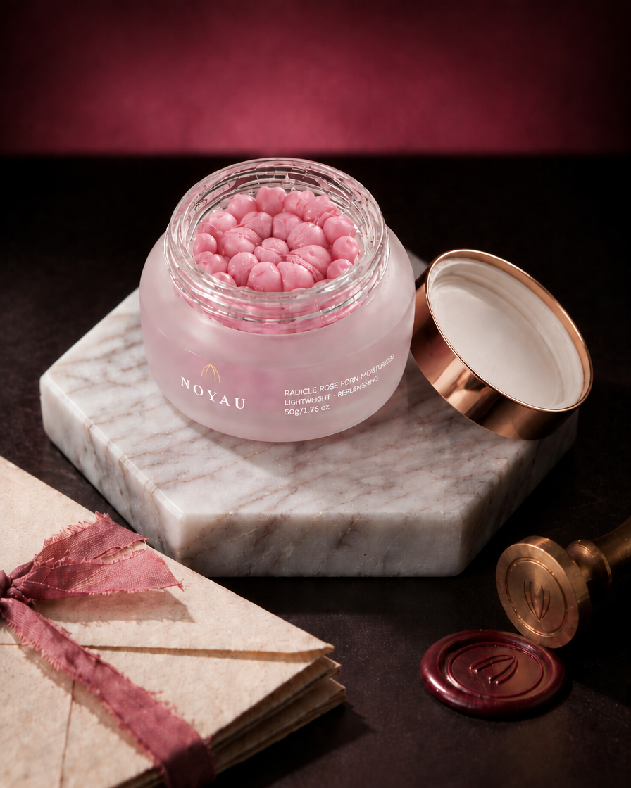 NOYAU Radicle Cream jar open, showing the pink capsules inside